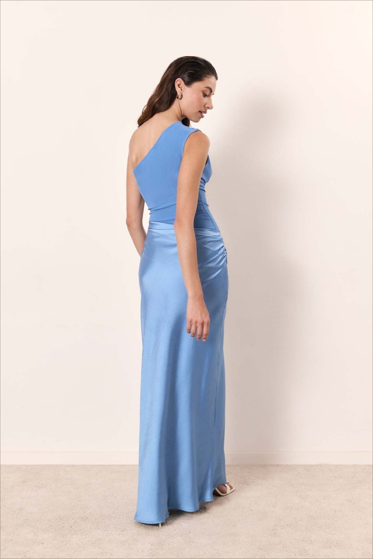 Satin One Shoulder Ruched Bodycon Maxi Dress