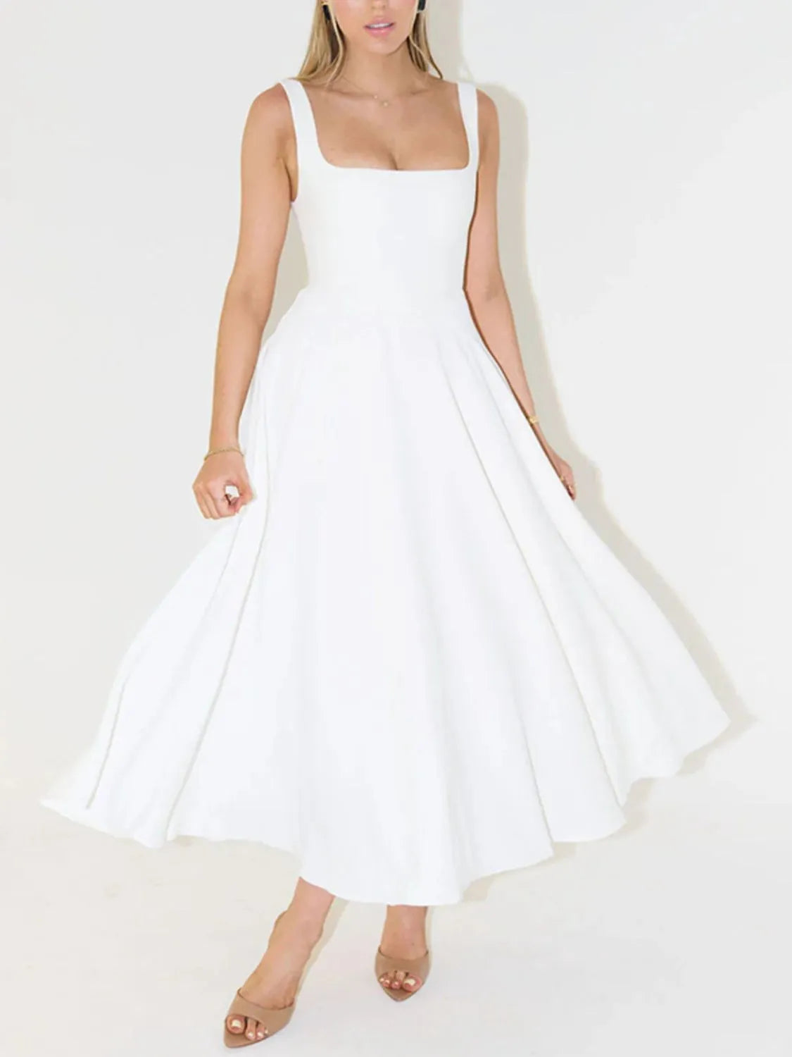 Square Neck Sleeveless Midi Dress White