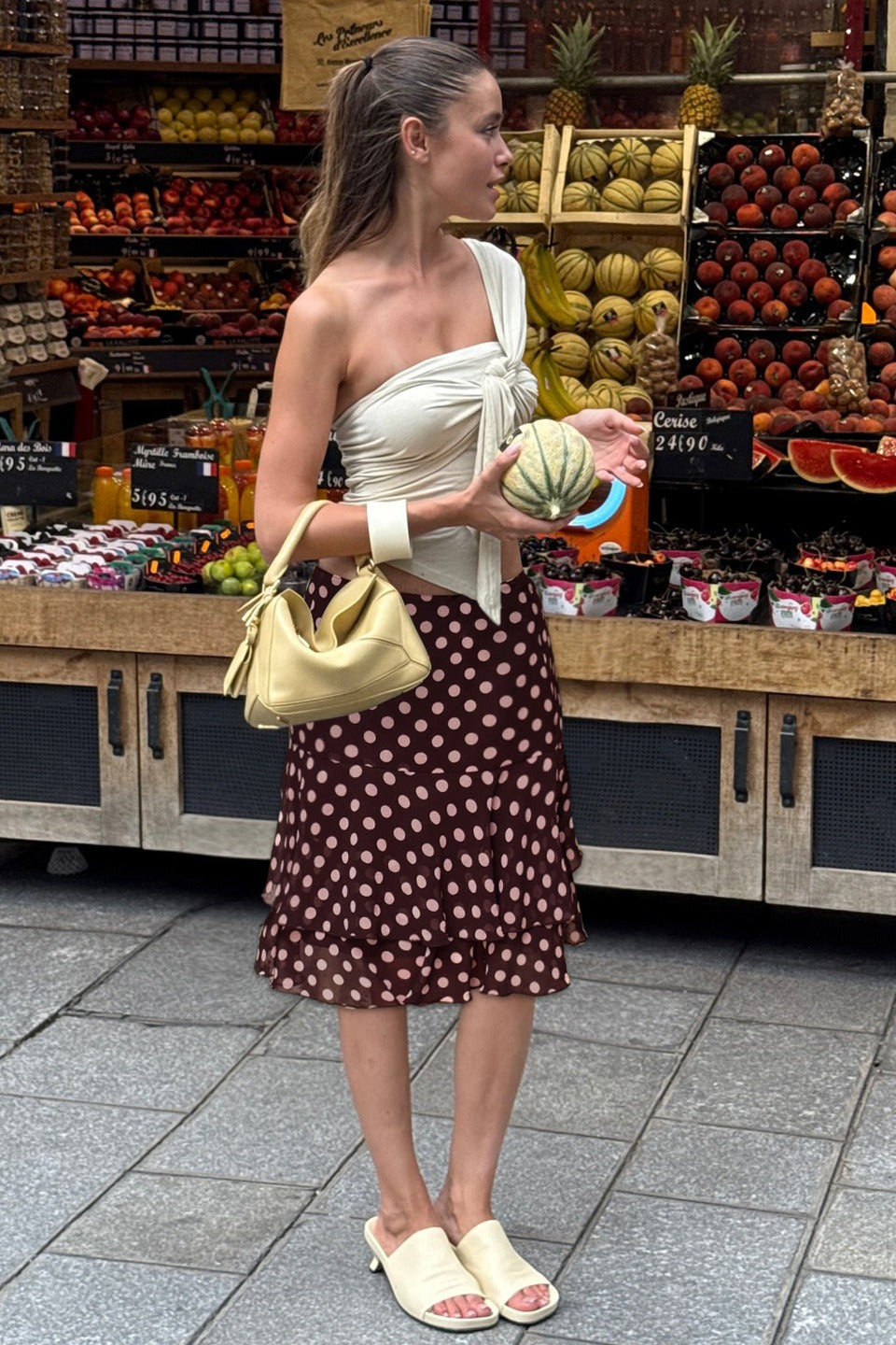 Sheer Polka Dot Ruffle Hem Midi Skirt