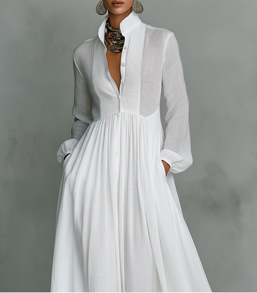 Band Collar Button Front Long Sleeve Flowy Maxi Shirt Dress