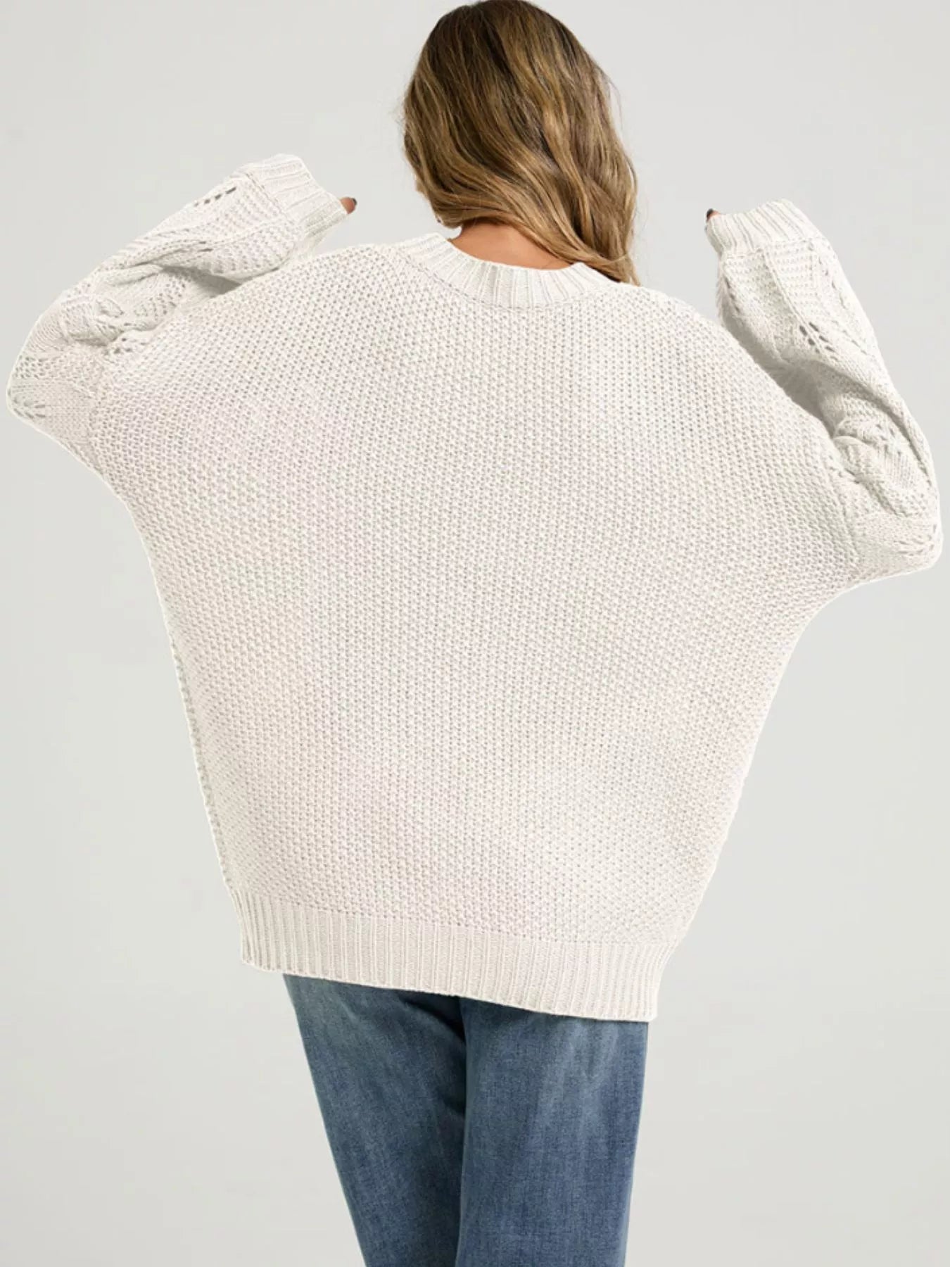 Textured Knit Openwork Dropped Shoulder Sweater