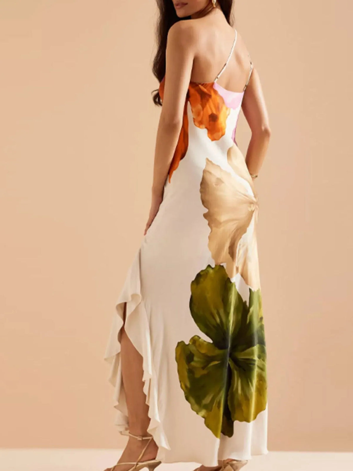 Floral Print One Shoulder Ruffle Trim Side Split Maxi Dress 2