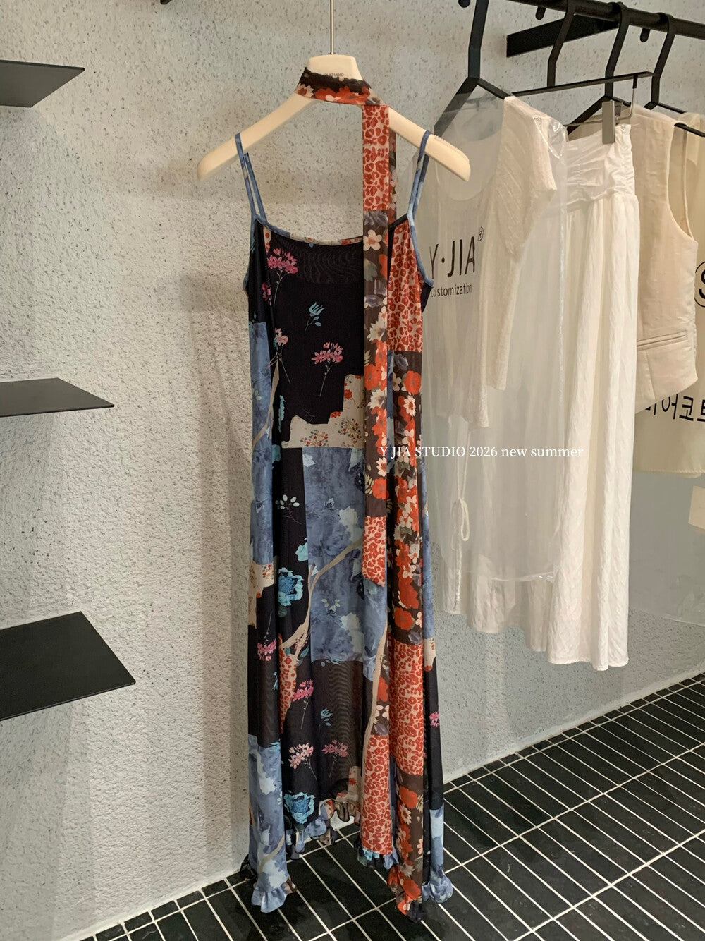 Floral Patchwork Spaghetti Strap Ruffle Maxi Dress 19