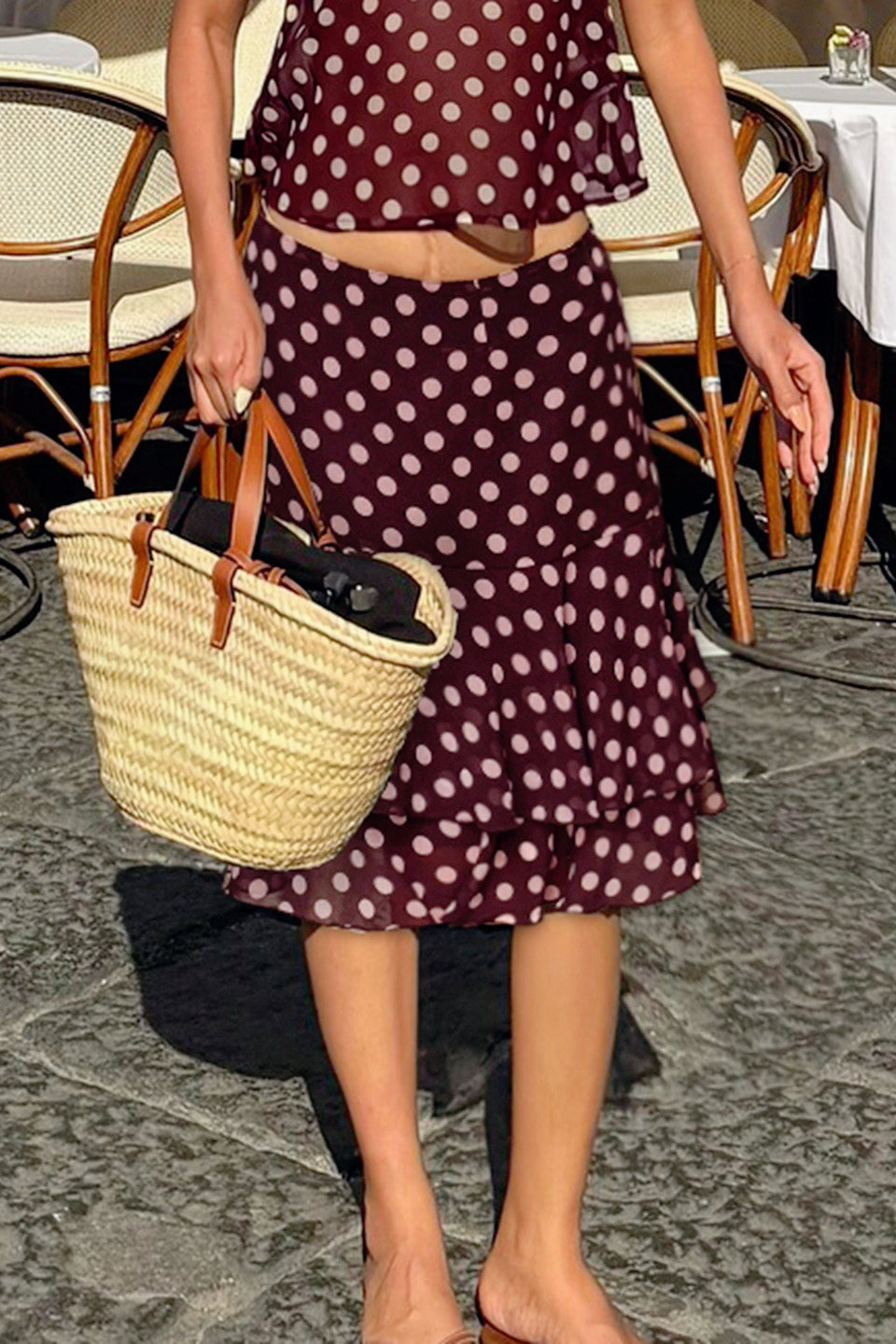 Polka Dot Knit Sheer Panel Midi Skirt