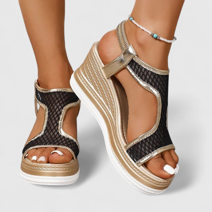 Open Toe Fishnet Mesh Platform Wedge Sandals