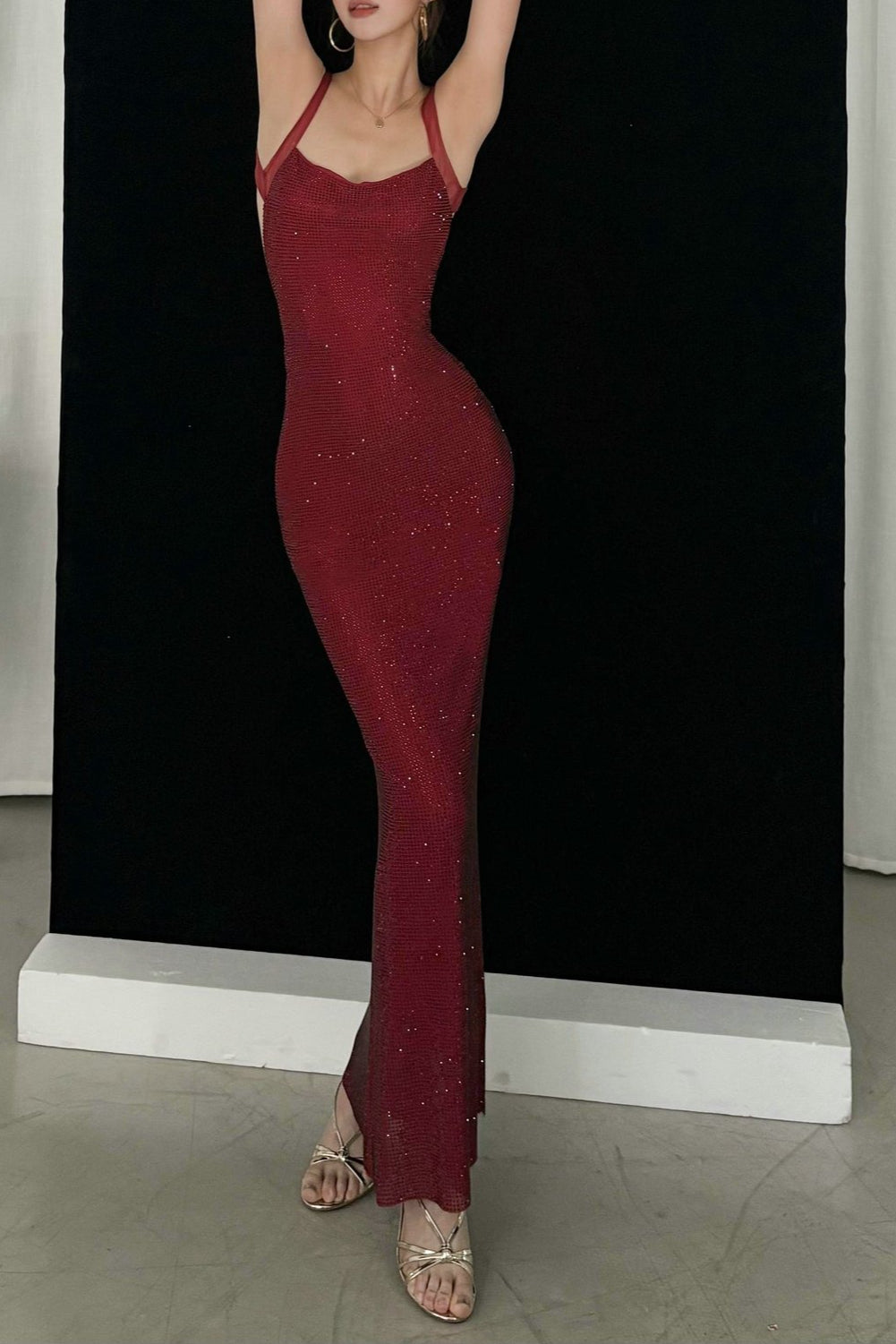 Mesh Strap Scoop Neck Sequin Mermaid Bodycon Maxi Gown