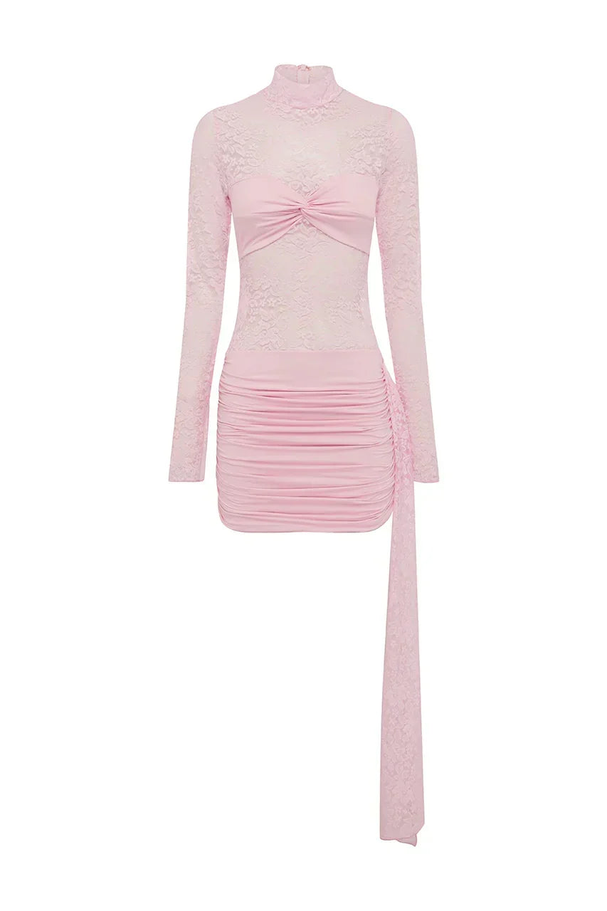 Sheer Lace Mock Neck Long Sleeve Twist Bandeau Ruched Mini Dress 6