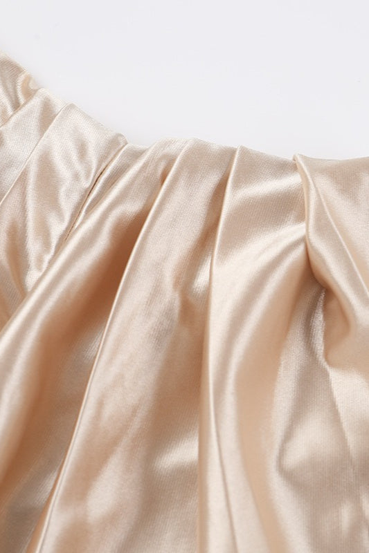 Satin Off Shoulder Ruched High Split Mermaid Maxi Gown