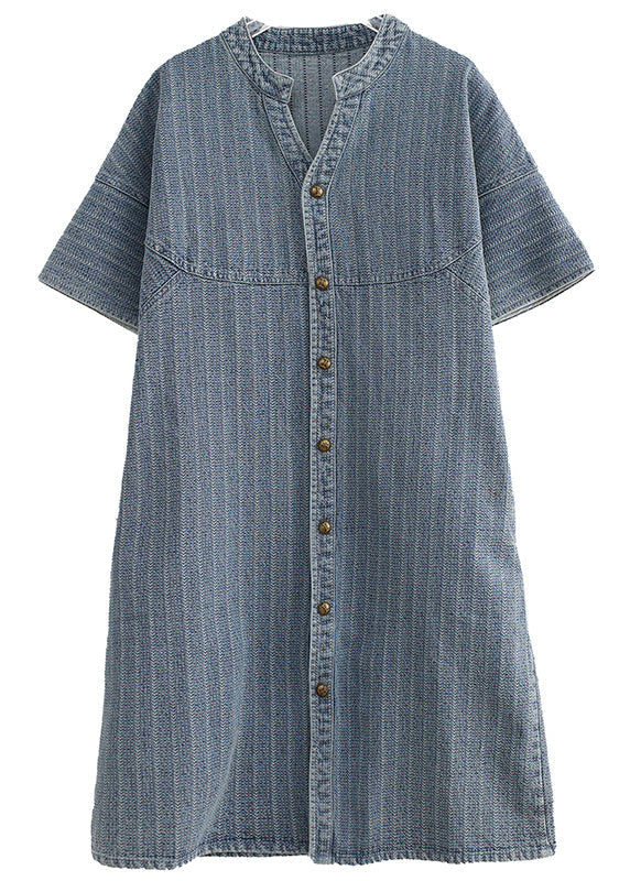 Striped Denim Mandarin Collar Button Down Short Sleeve Shirt Dress