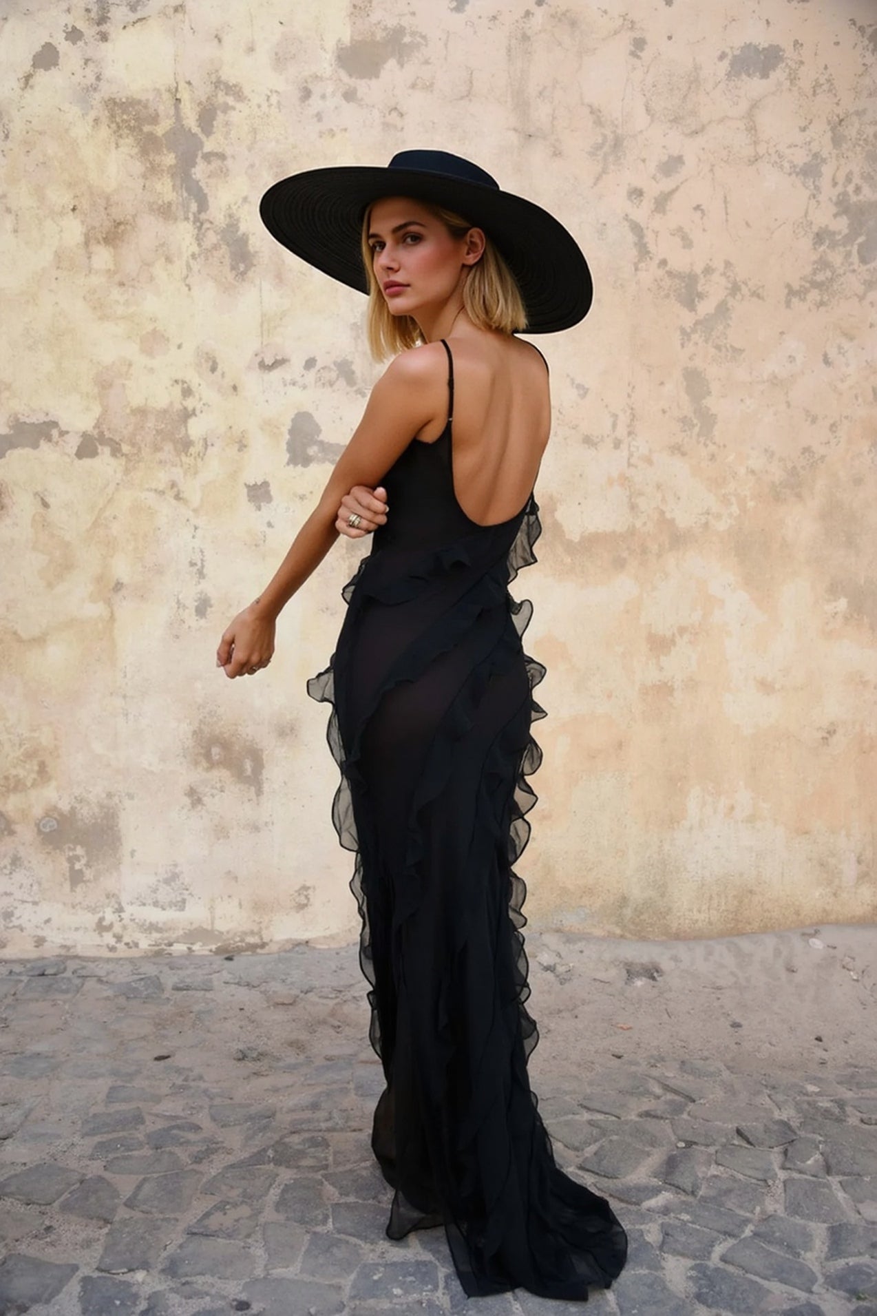 Sexy Backless Slit Fitted Spaghetti Strap Chiffon Ruffled Party Dress 6