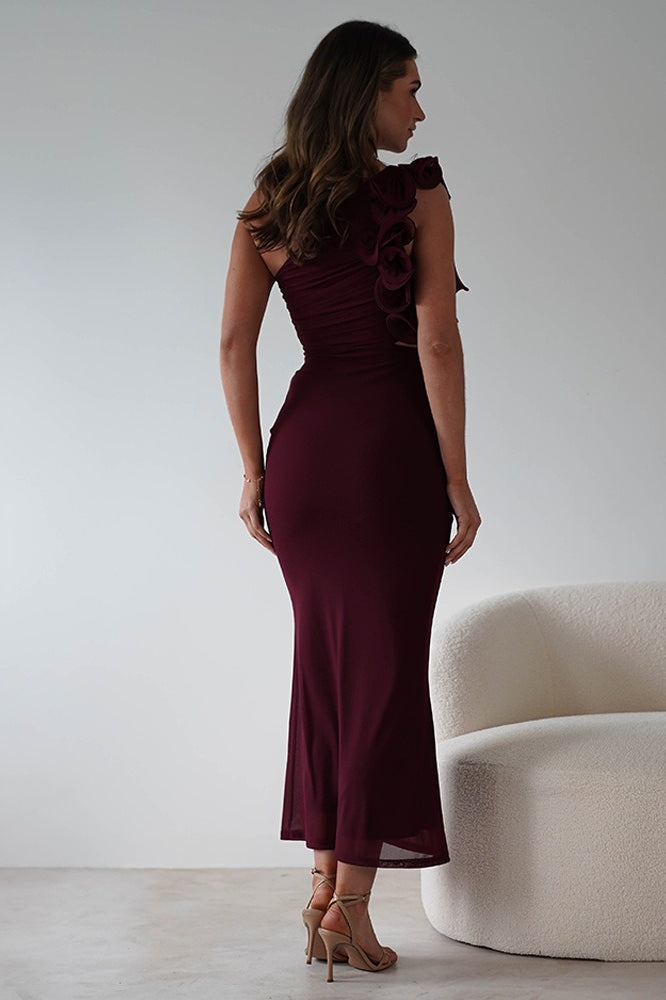 One Shoulder 3D Floral Cut Out Ruched Bodycon Maxi Dress