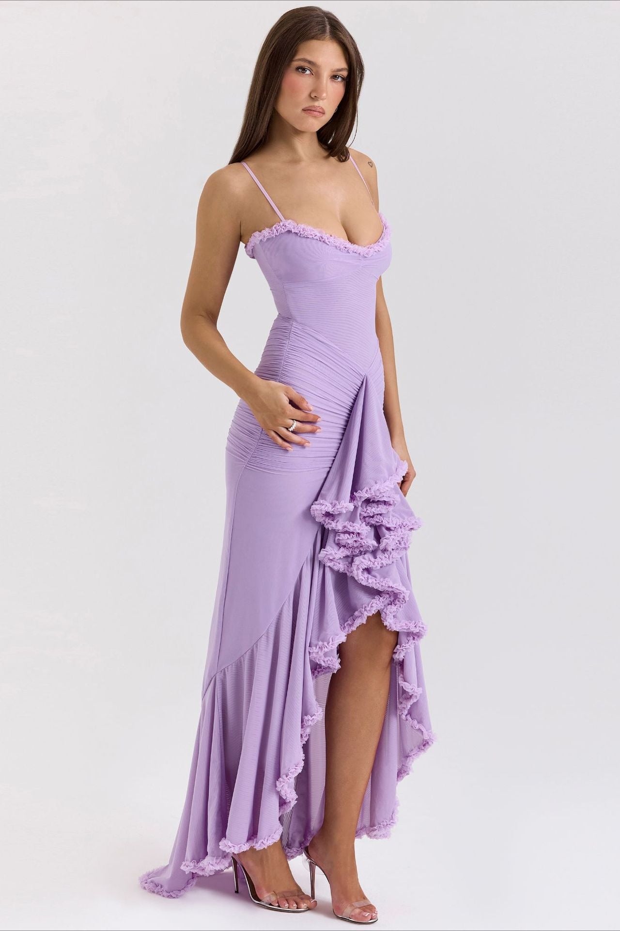 Spaghetti Strap Ruffle Trim High Low Asymmetrical Mini Party Dress