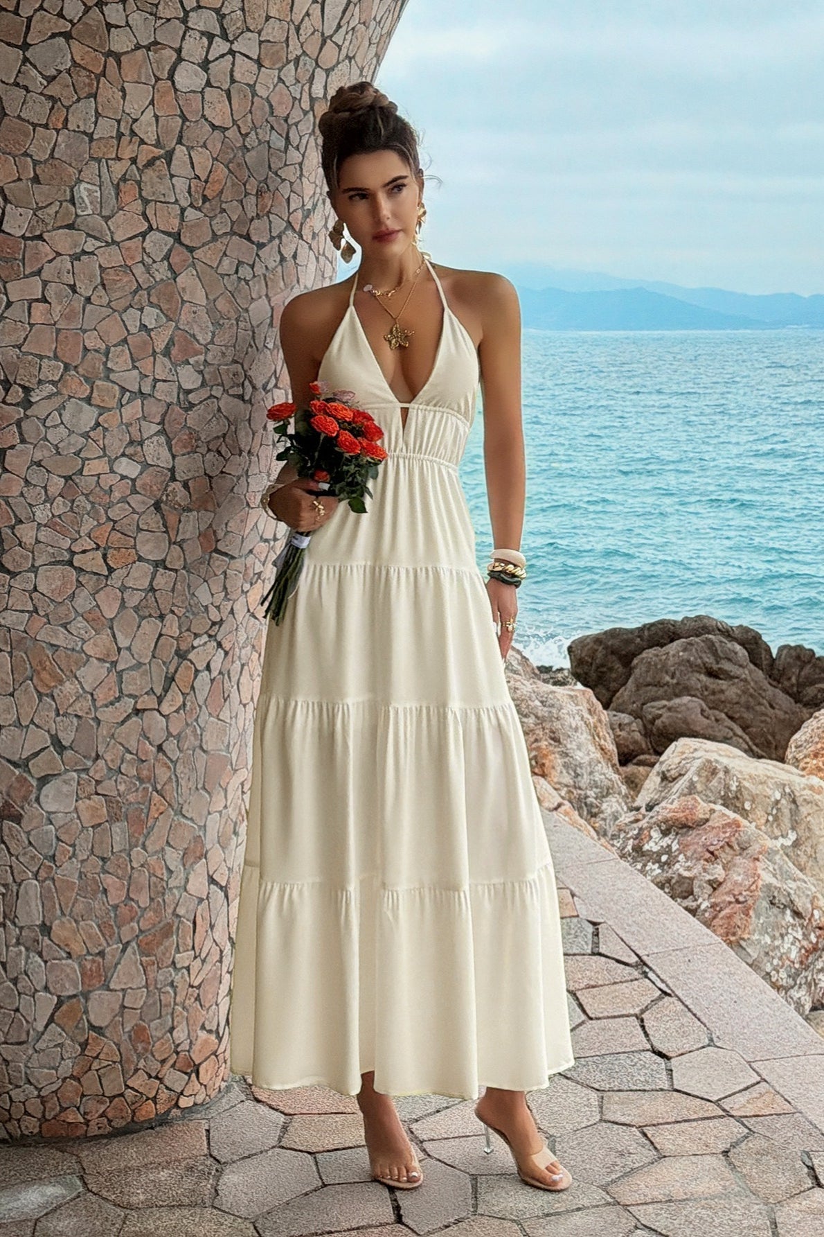 Halter Deep V Tiered Vacation Dress