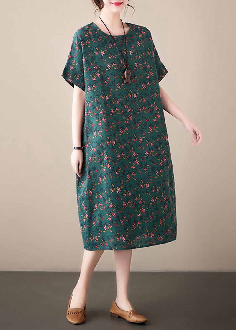 Ditsy Floral Print Crew Neck Short Sleeve Loose Shift Midi Dress