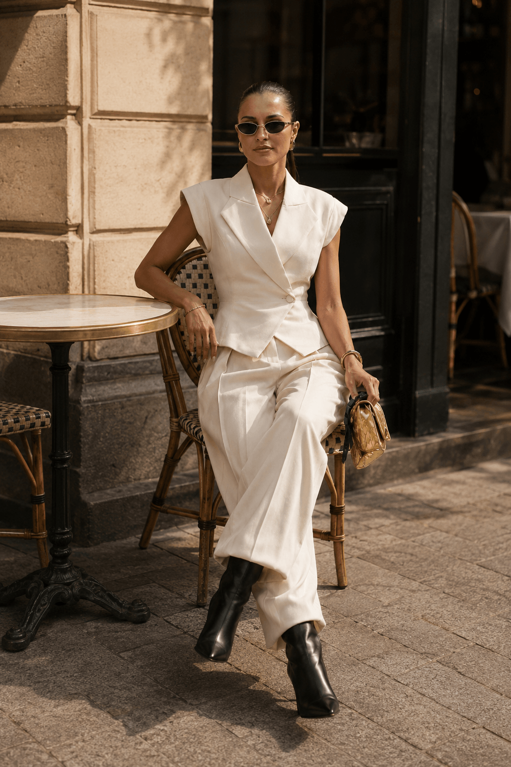 Cinched Sleeveless Vest High Waist Wide Leg Work Set