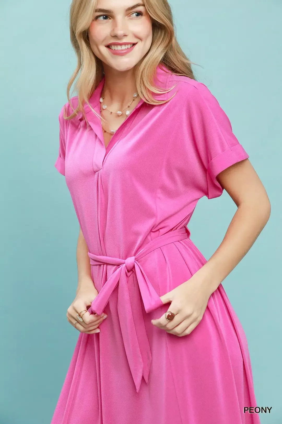 Casual Midi Dress Belted - Pink