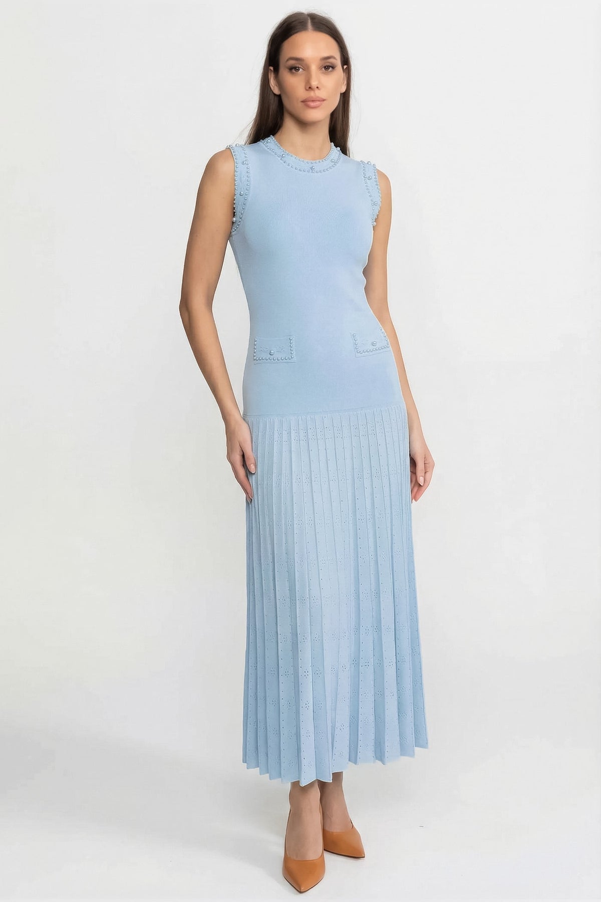 Knit Sleeveless Pearl Trim Drop Waist Sunray Pleated Midi Dress - View 4