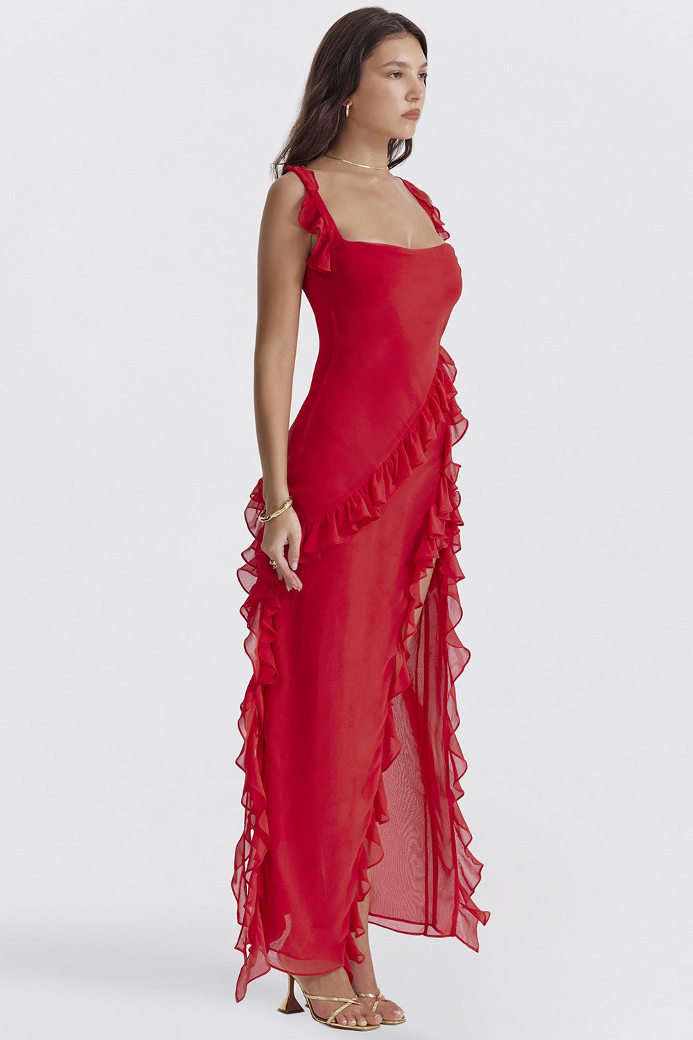 Chiffon Square Neck Ruffle Trim High Split Maxi Party Dress 2