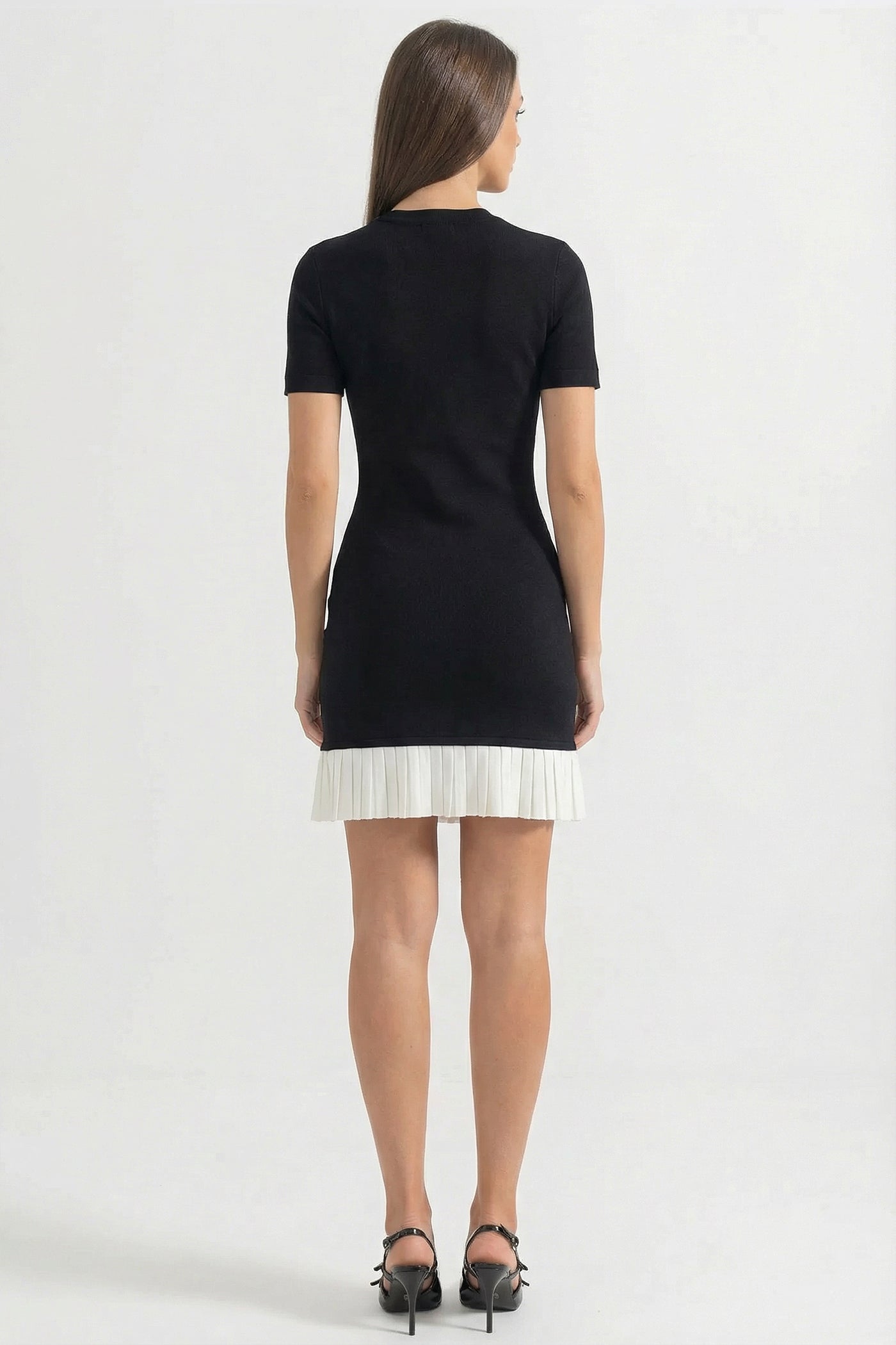 Ribbed Knit Short Sleeve Button Front Contrast Pleated Mini Dress - View 6