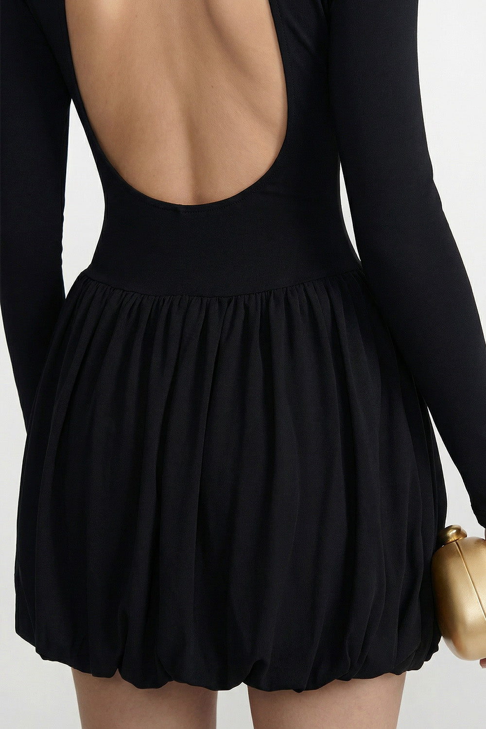 Mock Neck Long Sleeve Drop Waist Draped Bubble Skirt Mini Dress 3