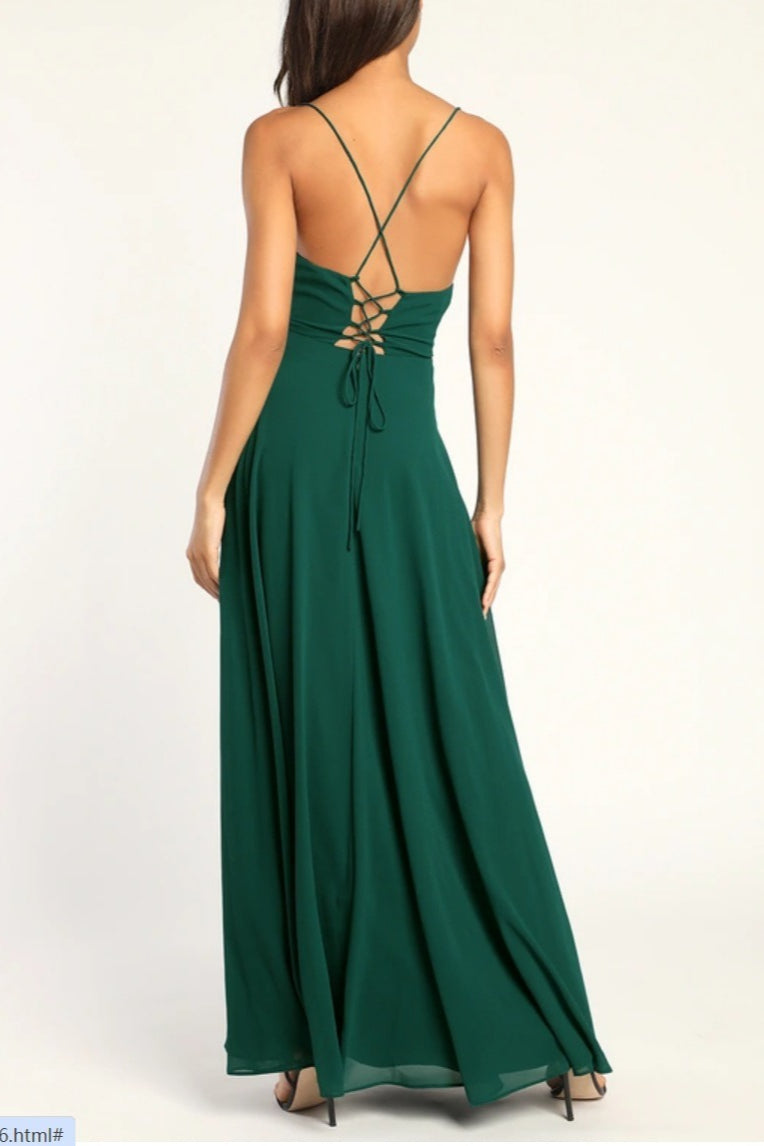 Chiffon Cowl Neck Lace Up Back High Split Maxi Dress