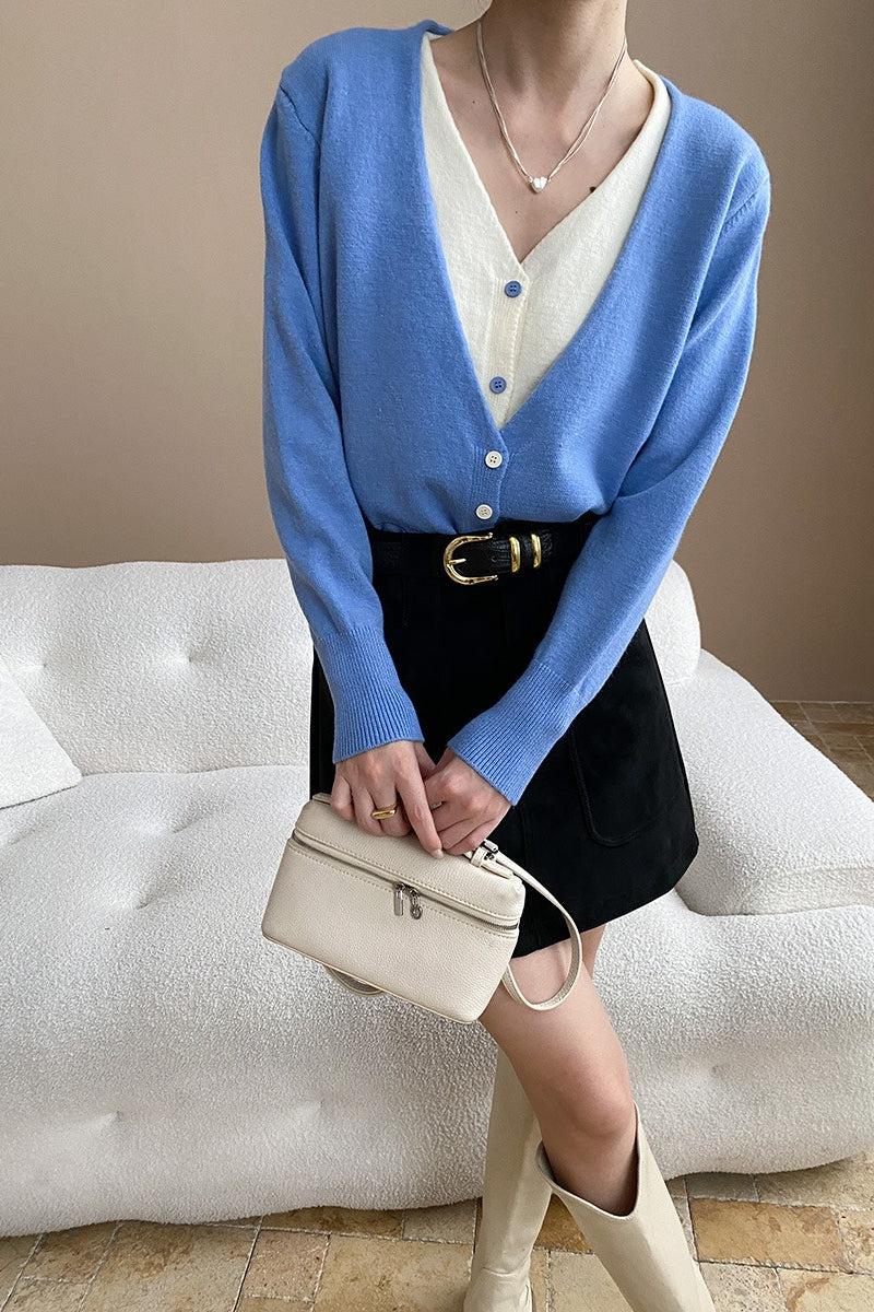 V-Neck Long Sleeve Two Tone Layered Look Button Front Knit Cardigan 10