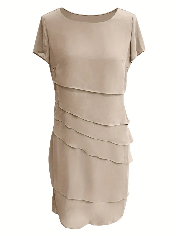 Cotton Layered Trim Round Neck Short Sleeve Midi Dress