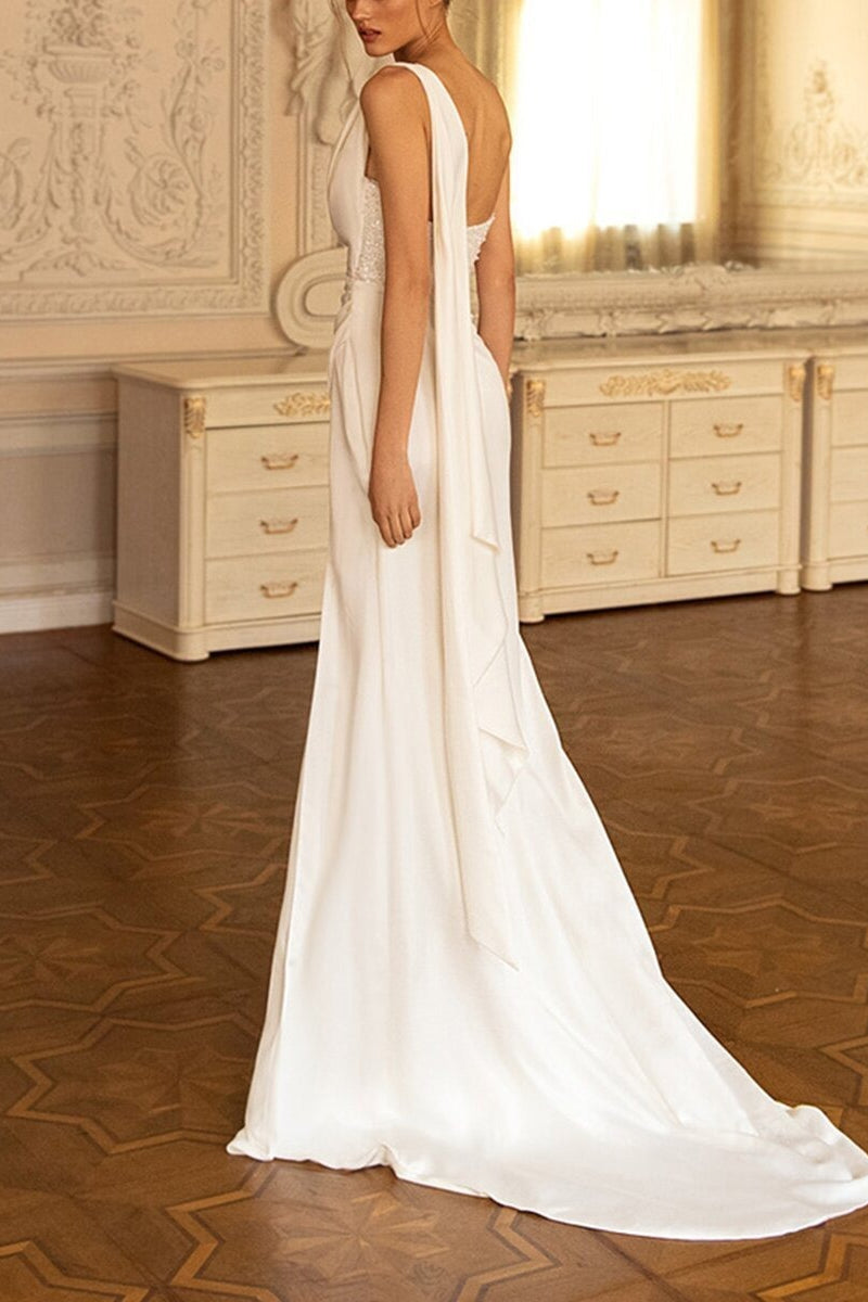 Satin One Shoulder Sequin Ruched High Split Mermaid Gown