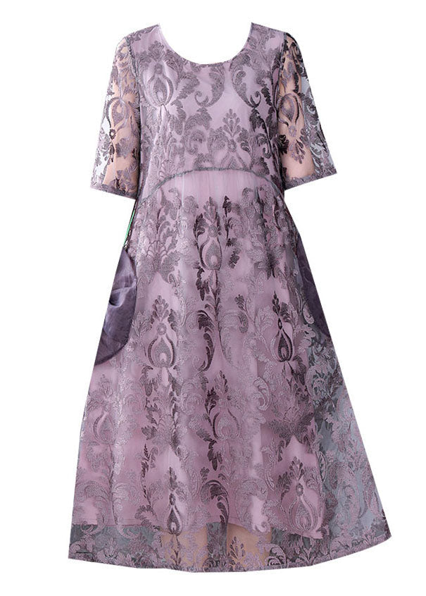 Burnout Damask Floral Mesh Overlay Round Neck Short Sleeve Layered Midi Dress