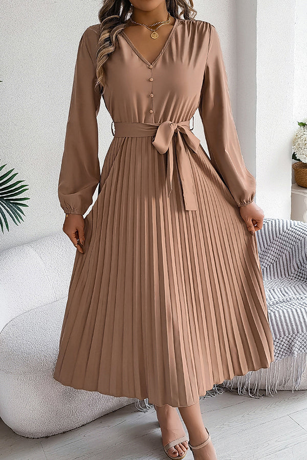 V-Neck Long Sleeve Button Front Belted Pleated Midi Dress