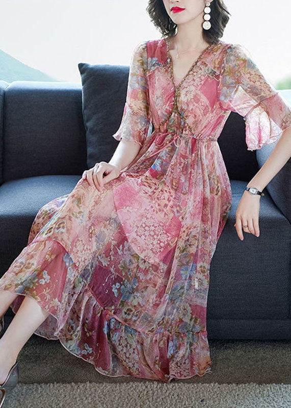 Floral Print Deep V-Neck Flutter Sleeve Drawstring Tiered Midi Dress