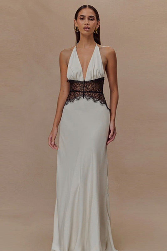 Satin Deep V-Neck Halter Neck Lace Waist Panel Maxi Dress 4