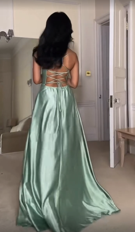 Sexy Slit Satin Evening Dress Spaghetti Straps A Line Prom Dress cc1687