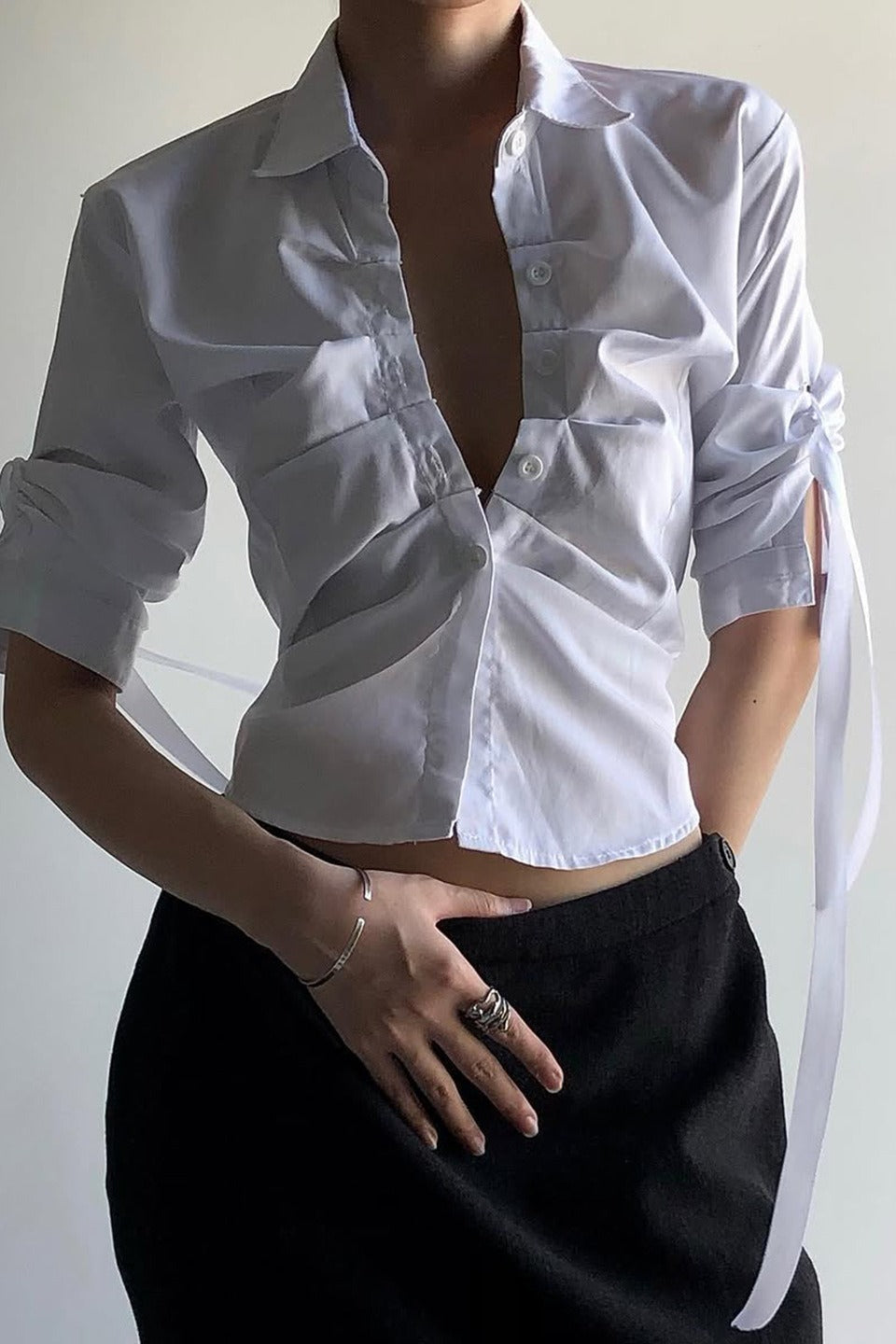 Collared Ruched Cut Out Front Tie Sleeve Cropped Shirt 3