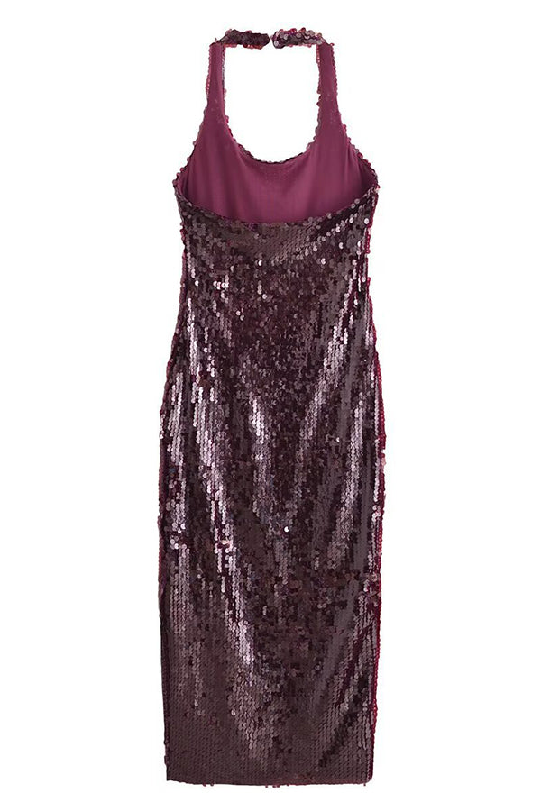 Sequin Halter Neck Backless High Split Bodycon Midi Dress