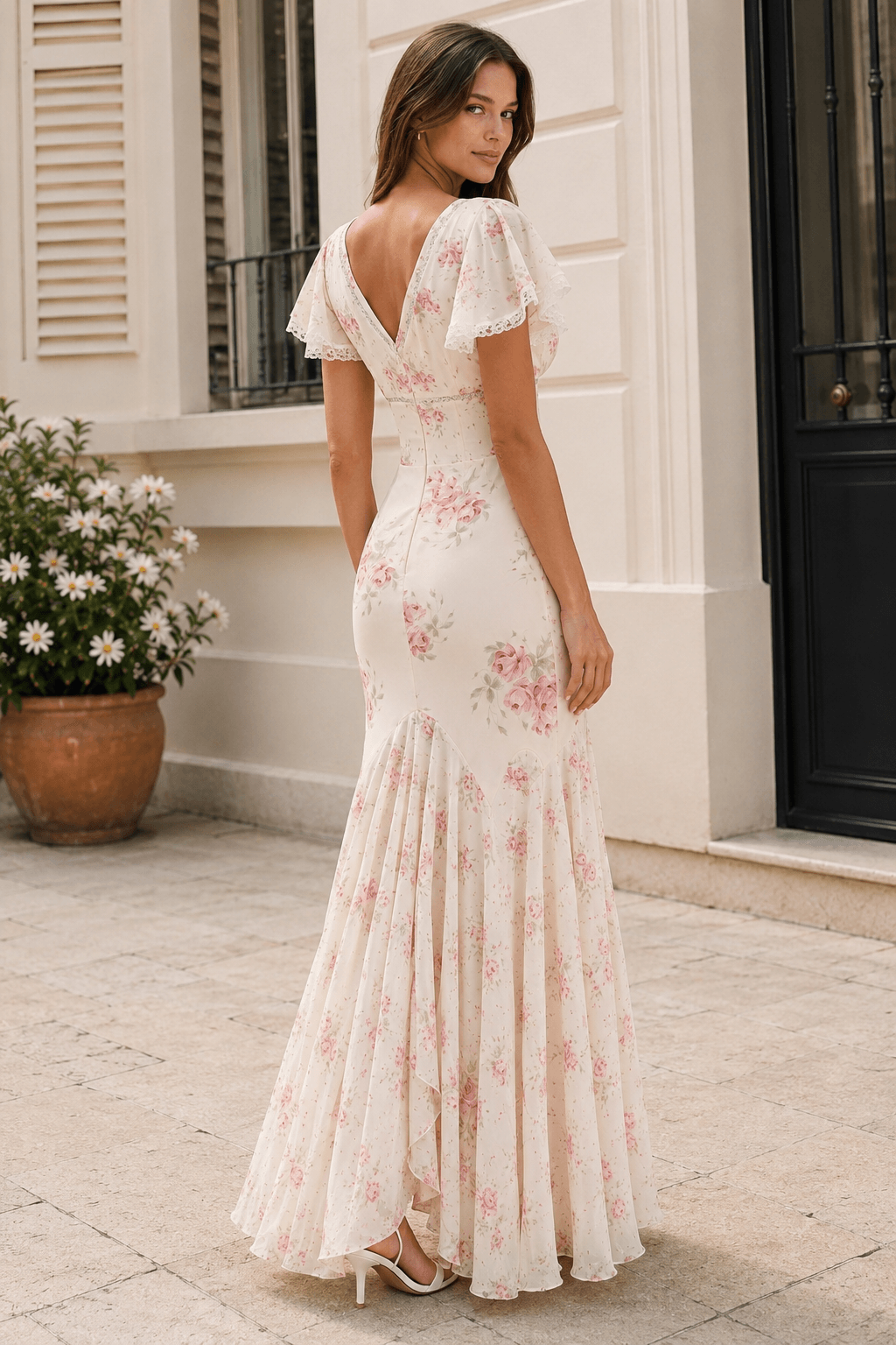 Mermaid V Neck Lace Panel Slim Long Floral Dress