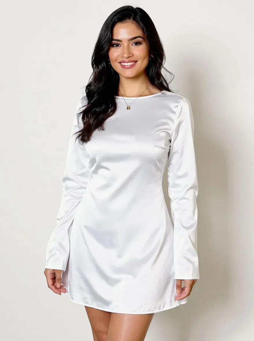 Round Neck Long Sleeve Mini Dress – Casual Bodycon Fall Dress for Women White