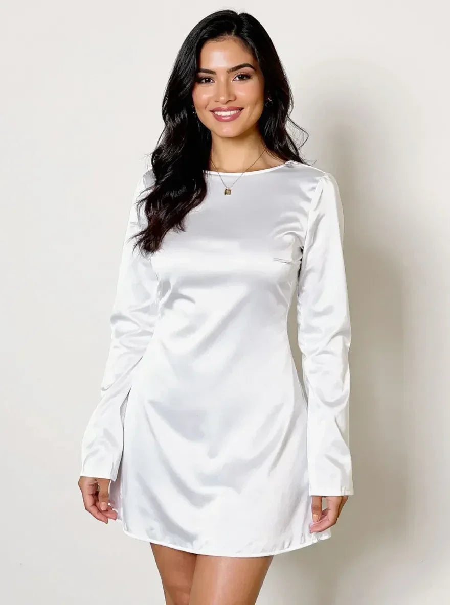 Satin Round Neck Long Sleeve A-Line Mini Dress