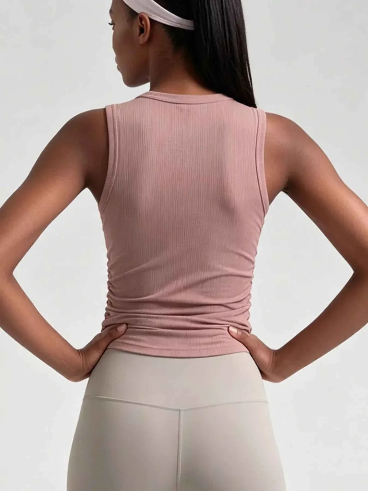 Ribbed Knit Crew Neck Sleeveless Side Ruched Active Tank Top 9