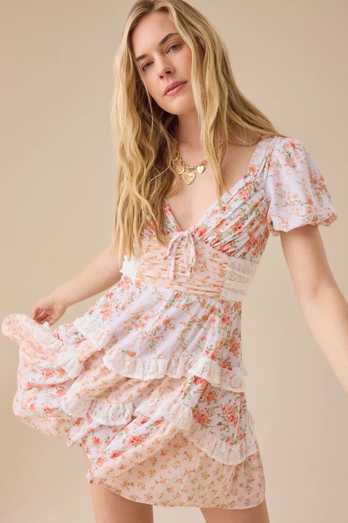 Floral Sweetheart Puff Sleeve Tiered Lace Trim Mini Dress