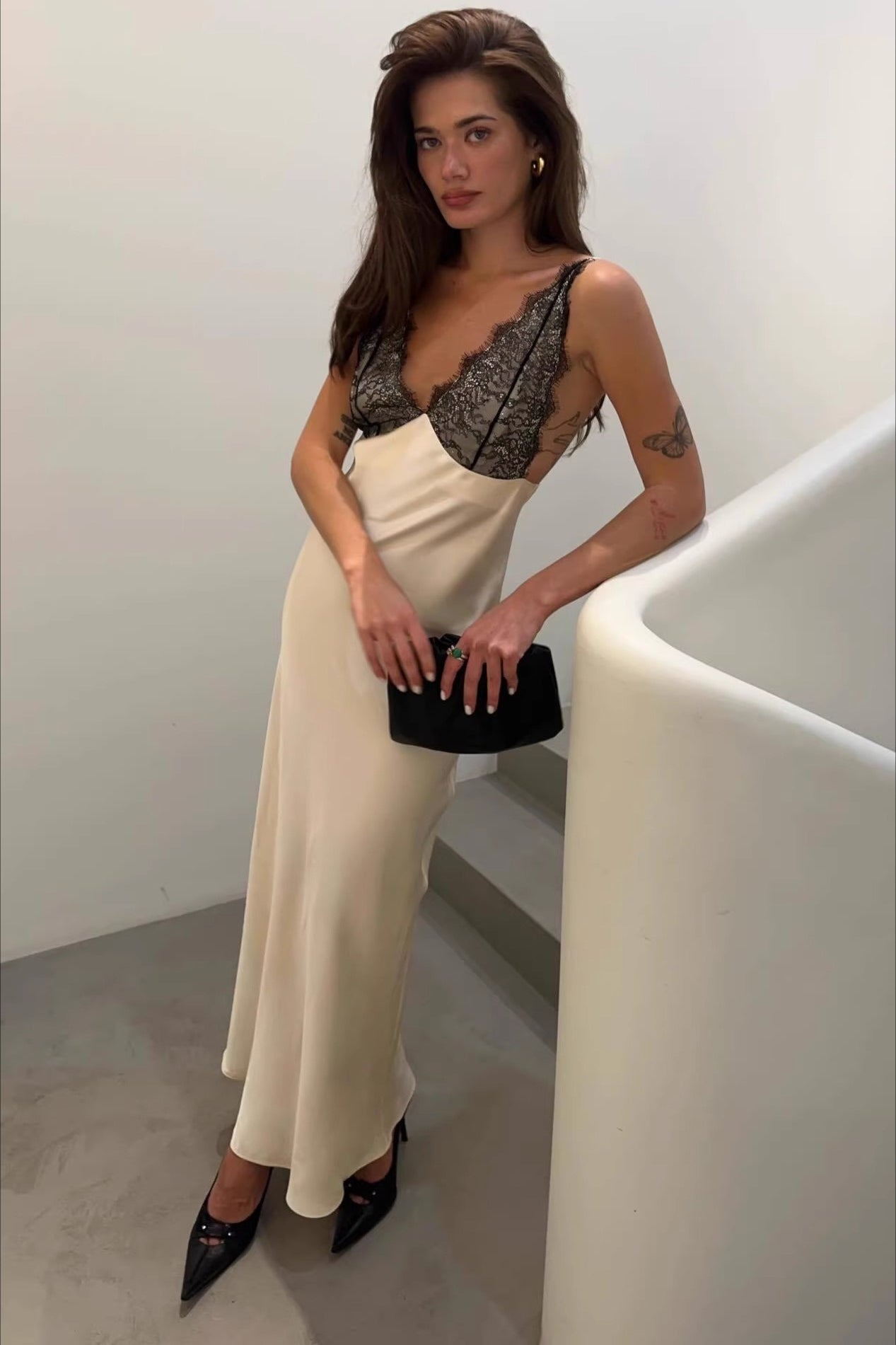 Satin Lace Trim Spaghetti Strap Reception Dress