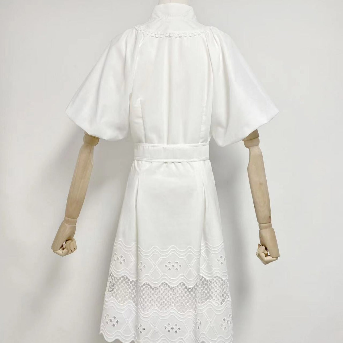 V-Neck Puff Sleeve Belted Button Front Eyelet Lace Mini Dress 5