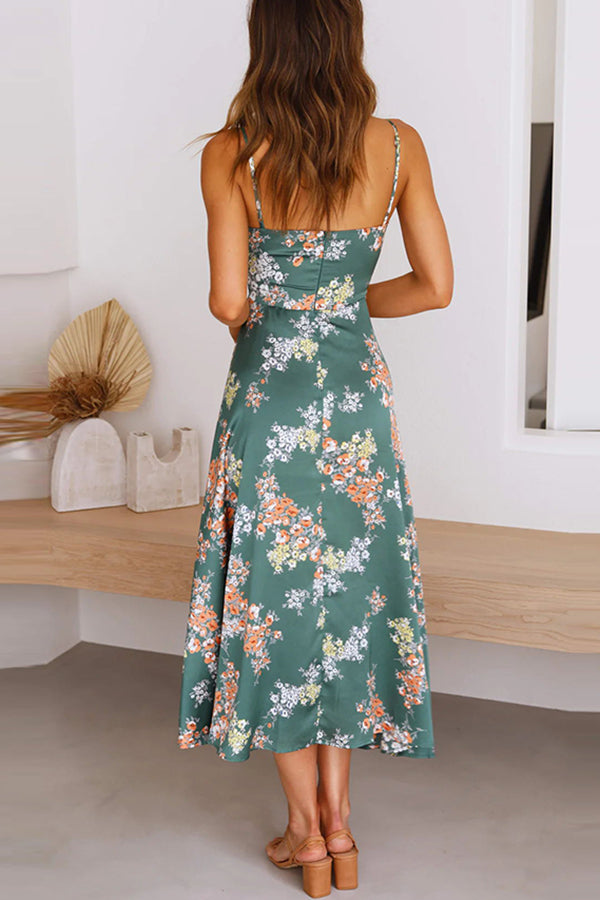 Floral Satin Spaghetti Strap Cut Out High Split Midi Dress