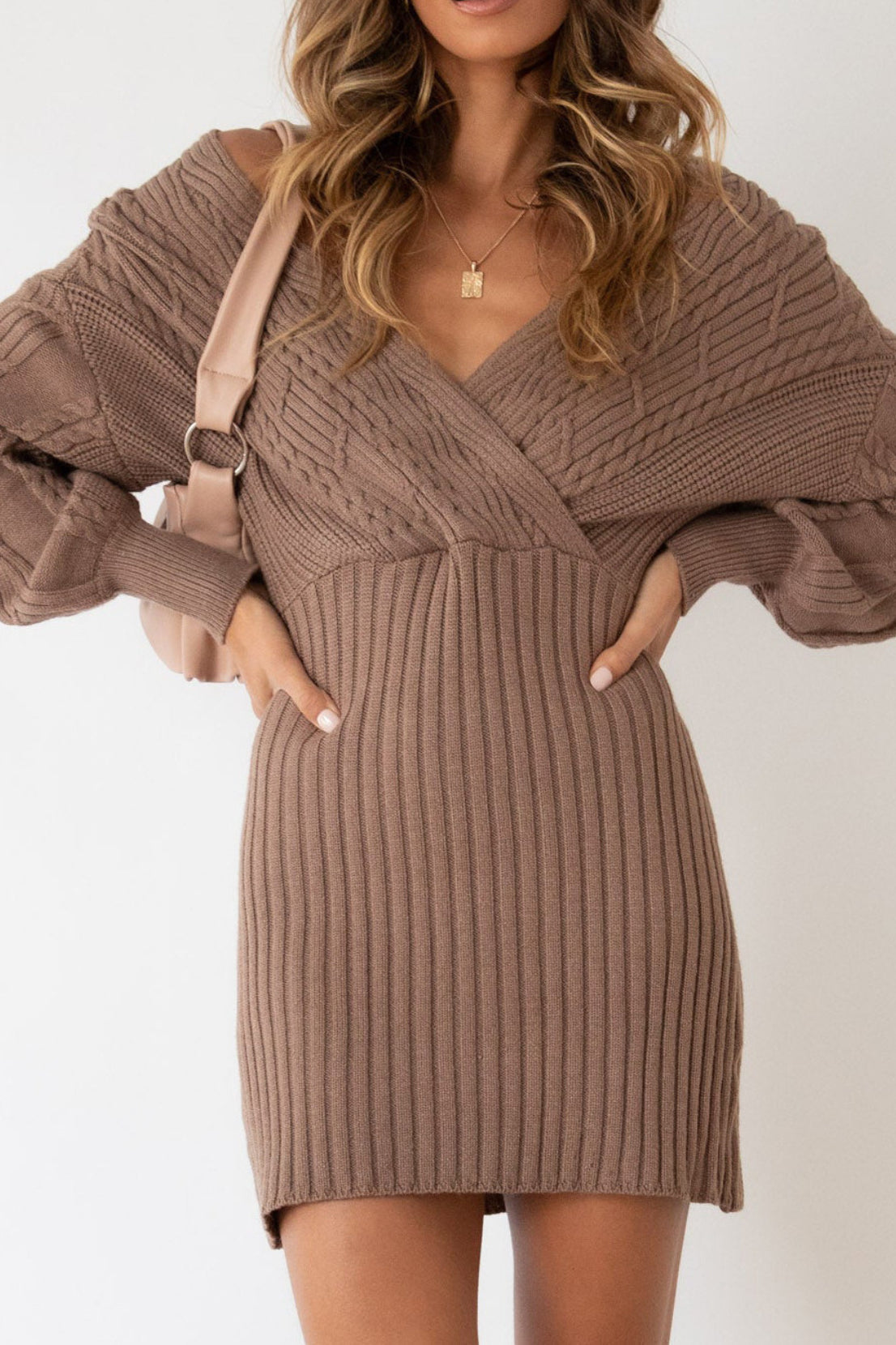 Knit Cable V Neck Bodycon Midi Dress