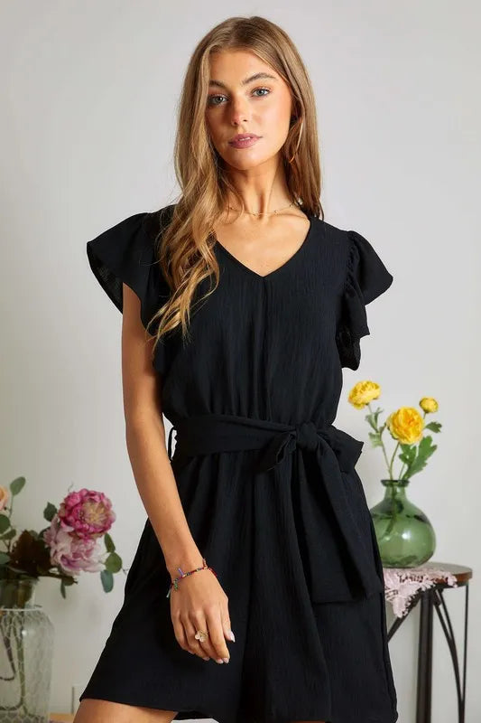 V-Neck Flutter Sleeve Tie Waist Textured Romper