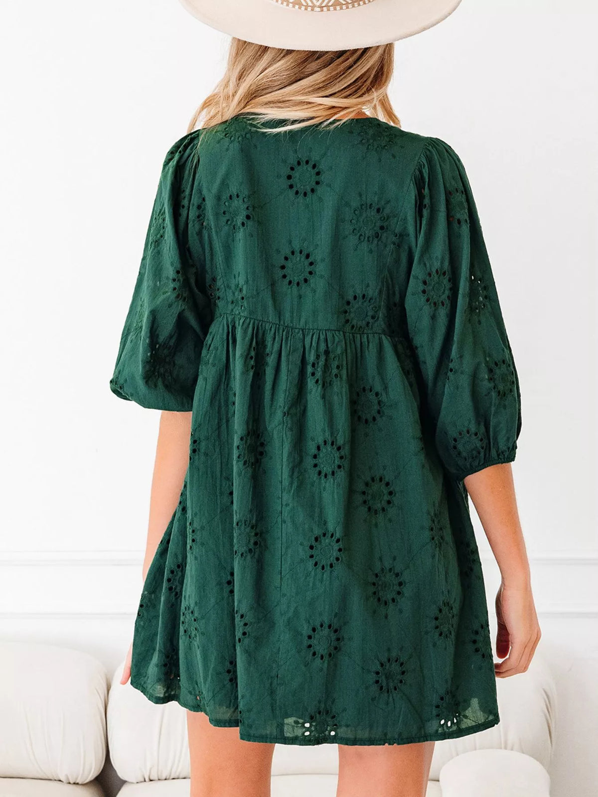 Eyelet Embroidered Tie Neck Puff Sleeve Swing Mini Dress 2