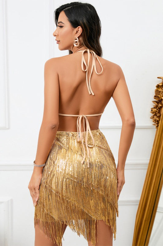 Sequin V-Neck Halter Fringe Tassel Bodycon Mini Party Dress