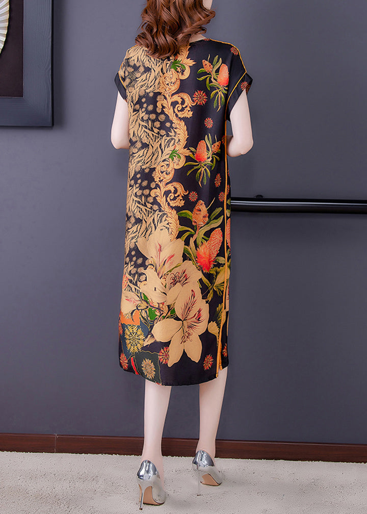 Ornamental Floral Print V-Neck Cap Sleeve Piped Shift Midi Dress