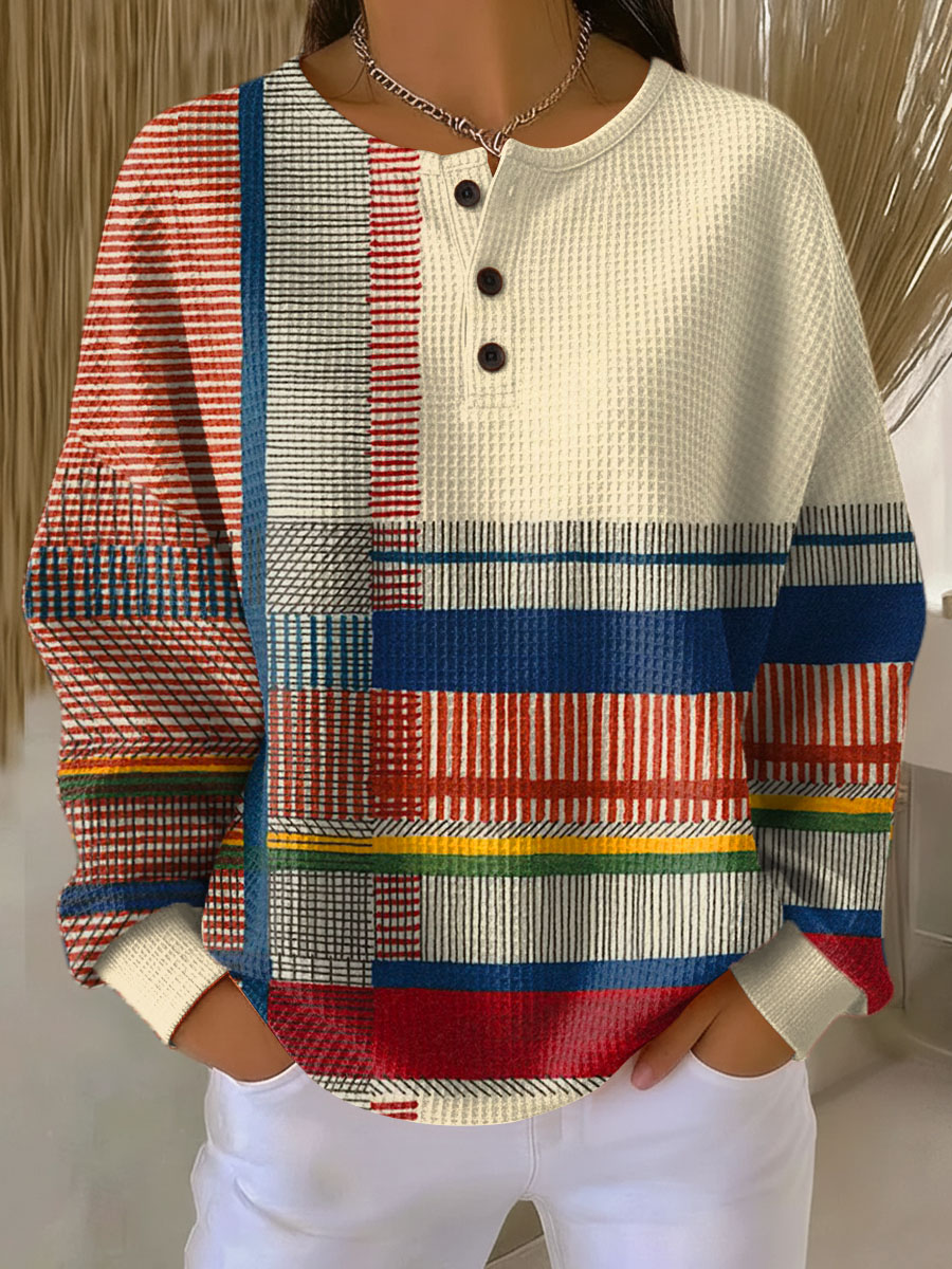 Striped Patchwork Print Button Henley Waffle Knit Sweater