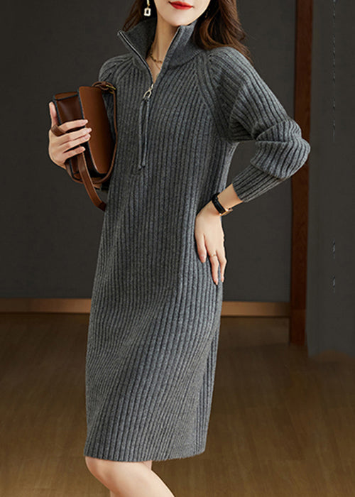 Ribbed Knit Mock Neck Half Zip Long Sleeve Shift Knee Length Dress